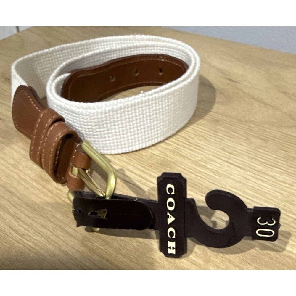 Vintage Coach Leather Canvas Belt 3815 Brass White Linen Brown Tan Size 34" NWT